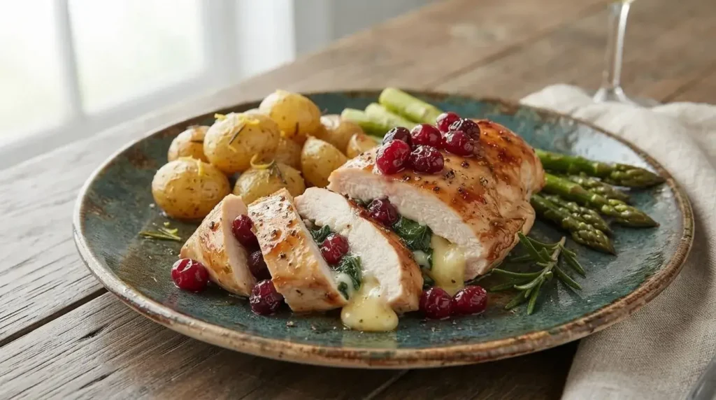 Plated Cranberry & Spinach Stuffed Chicken Breast sliced open served with Greek roasted potatoes.