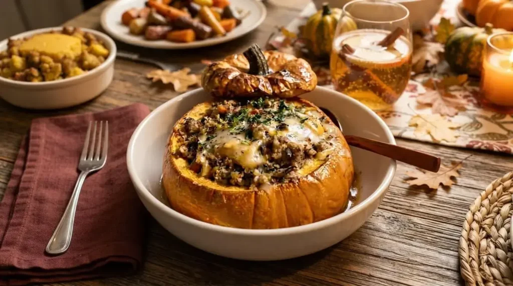 A cozy autumn dinner scene featuring a savory stuffed pumpkin with wild rice and melted cheese served on a holiday table.