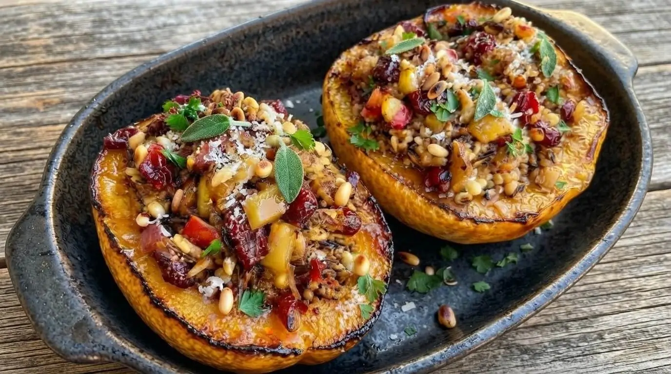 Two halves of caramelized Apple Cranberry Stuffed Acorn Squash filled with wild rice, cranberries, pine nuts, and herbs in a roasting dish.