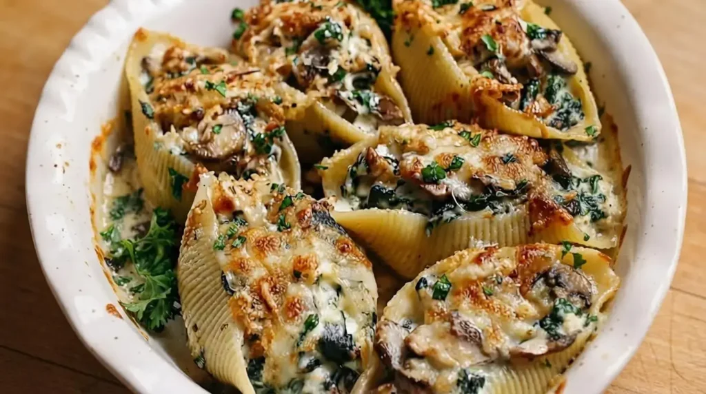 Artichoke, Spinach, and Wild Mushroom Stuffed Shells baked with golden bubbly mozzarella in a garlic cream sauce.