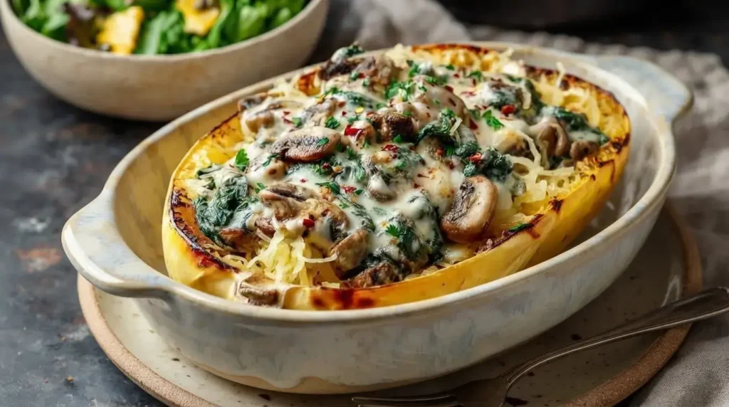 Creamy Spinach and Mushroom Stuffed Spaghetti Squash boat topped with melted golden mozzarella cheese and fresh parsley.