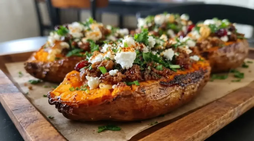 Mediterranean Stuffed Sweet Potato Boats filled with spiced lamb, crumbled feta, dried cranberries, and fresh parsley on a wooden platter.