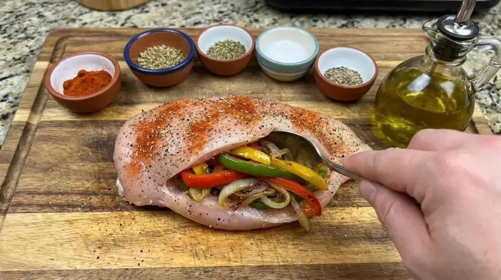 Raw seasoned chicken breast sliced open and stuffed with colorful fajita bell pepper strips on a cutting board.