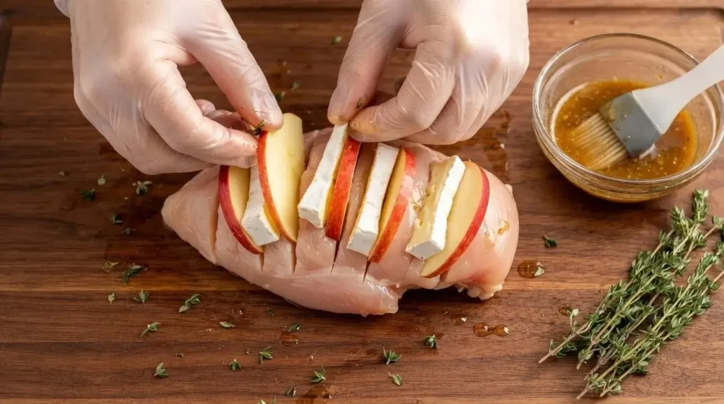 Hands stuffing raw Hasselback chicken breast with red apple slices and strips of Brie cheese on a wooden board.