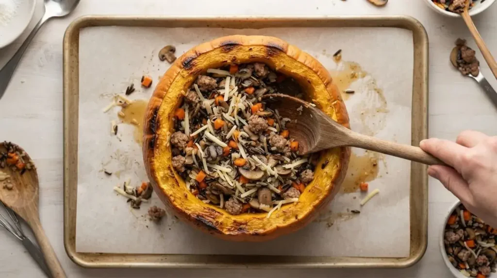 Spoon packing wild rice and browned meat stuffing into a par-roasted sugar pumpkin cavity.