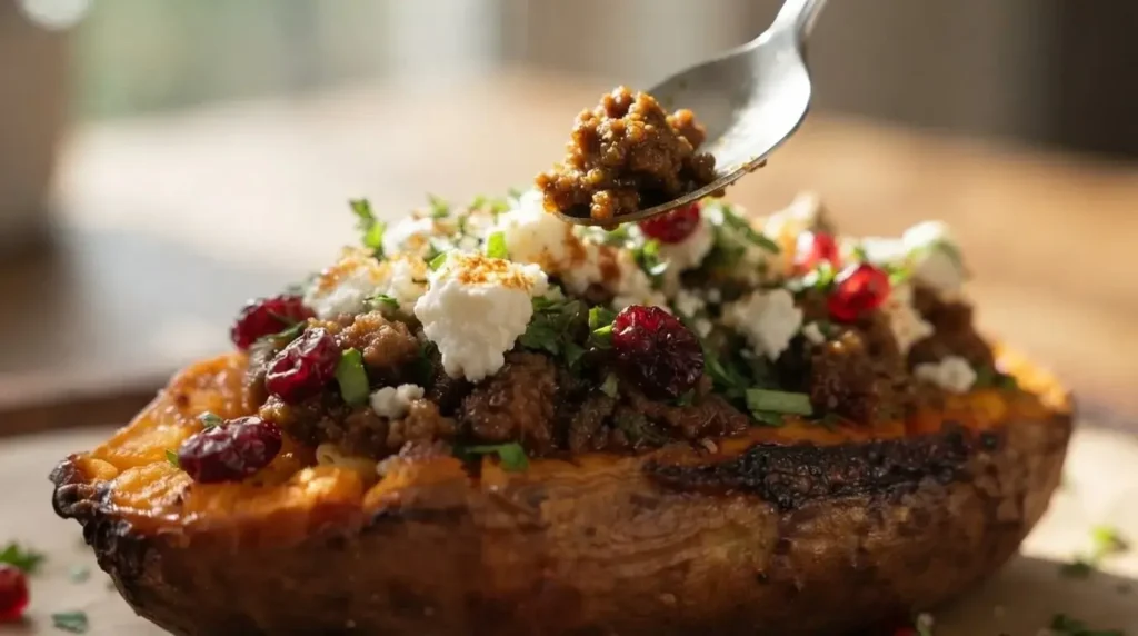 Close-up of a fluffed sweet potato boat loaded with savory spiced beef, crumbled white feta cheese, and red cranberries.