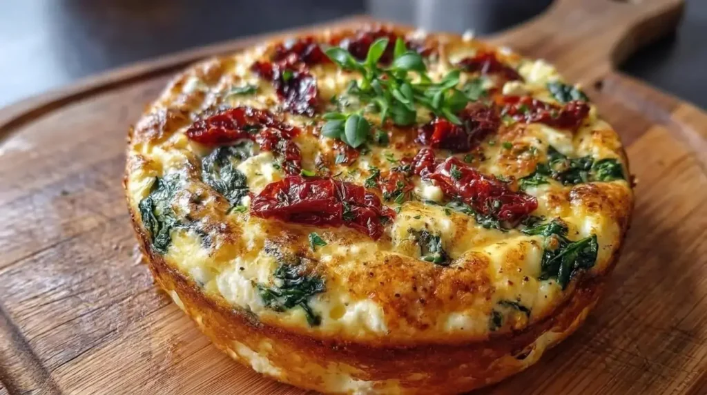 Golden baked Sun-Dried Tomato, Spinach and Goat Cheese Frittata garnished with fresh microgreens on a wooden board.