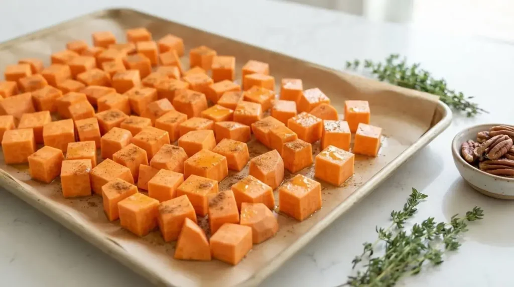 Uniformly cubed raw sweet potatoes tossed in maple glaze spread on a parchment-lined sheet pan.
