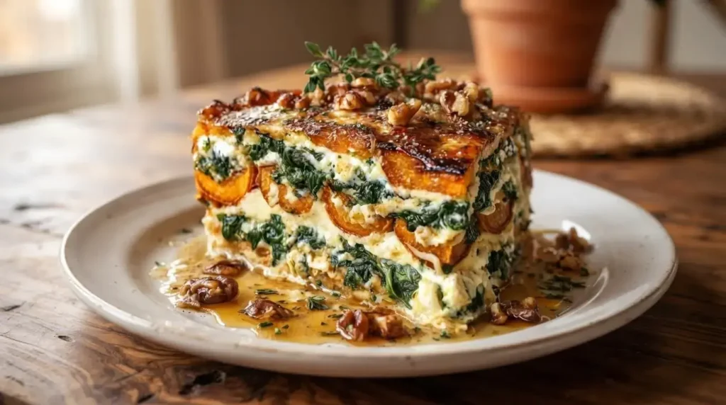 A thick slice of Sweet Potato, Spinach & Ricotta Lasagna topped with toasted walnuts and raspberry honey glaze.