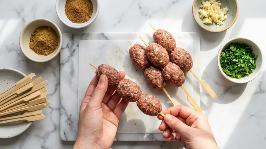 Hands threading raw spiced ground lamb meatballs onto soaked wooden paddle skewers on a marble surface.