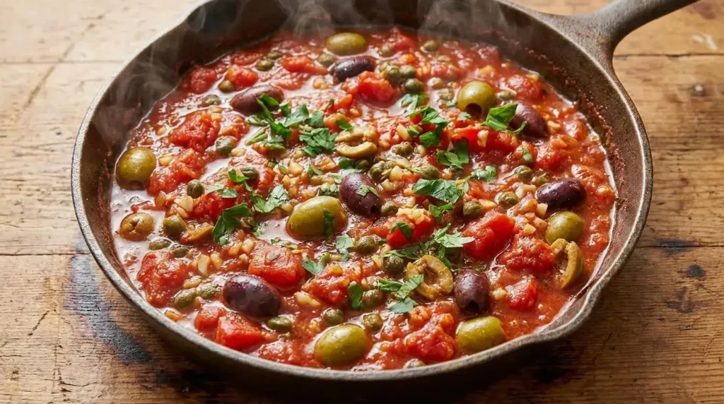 Tomato puttanesca sauce bubbling with green olives, Kalamata olives, garlic, and capers in a skillet.