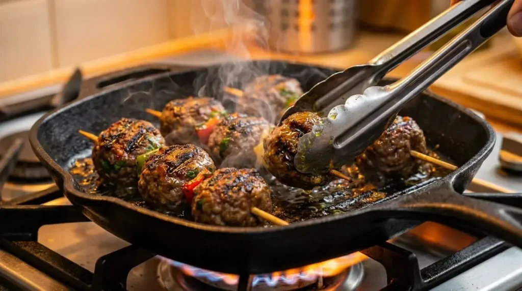 Greek meatball skewers cooking and searing on a hot cast iron grill pan with grill marks.
