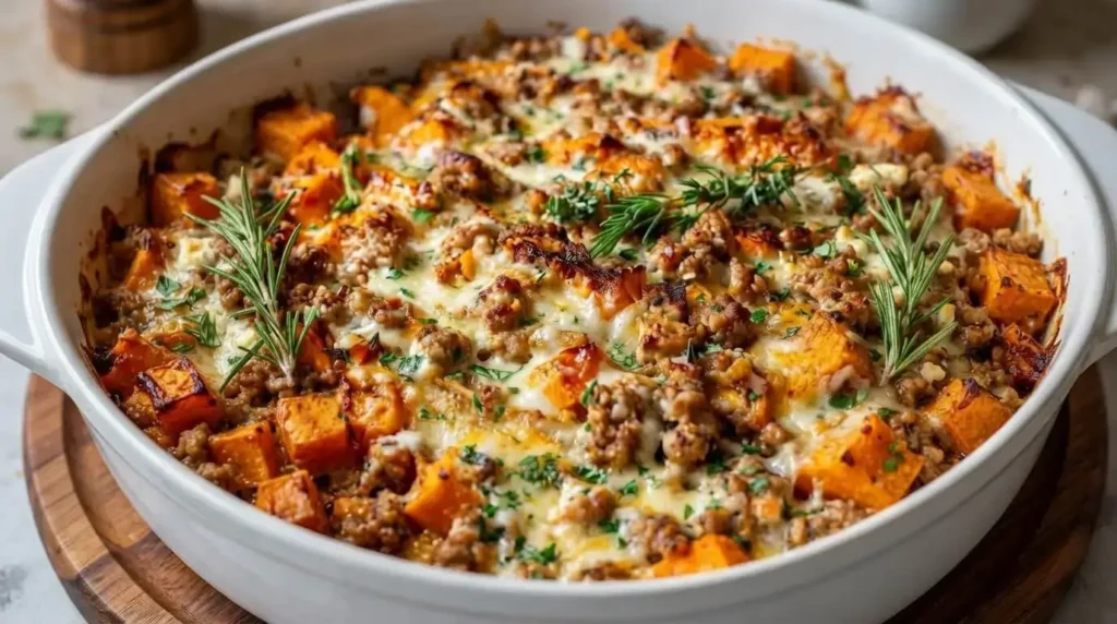 Golden roasted ground turkey and sweet potato bake topped with melted cheese, fresh rosemary, and parsley in a white baking dish.