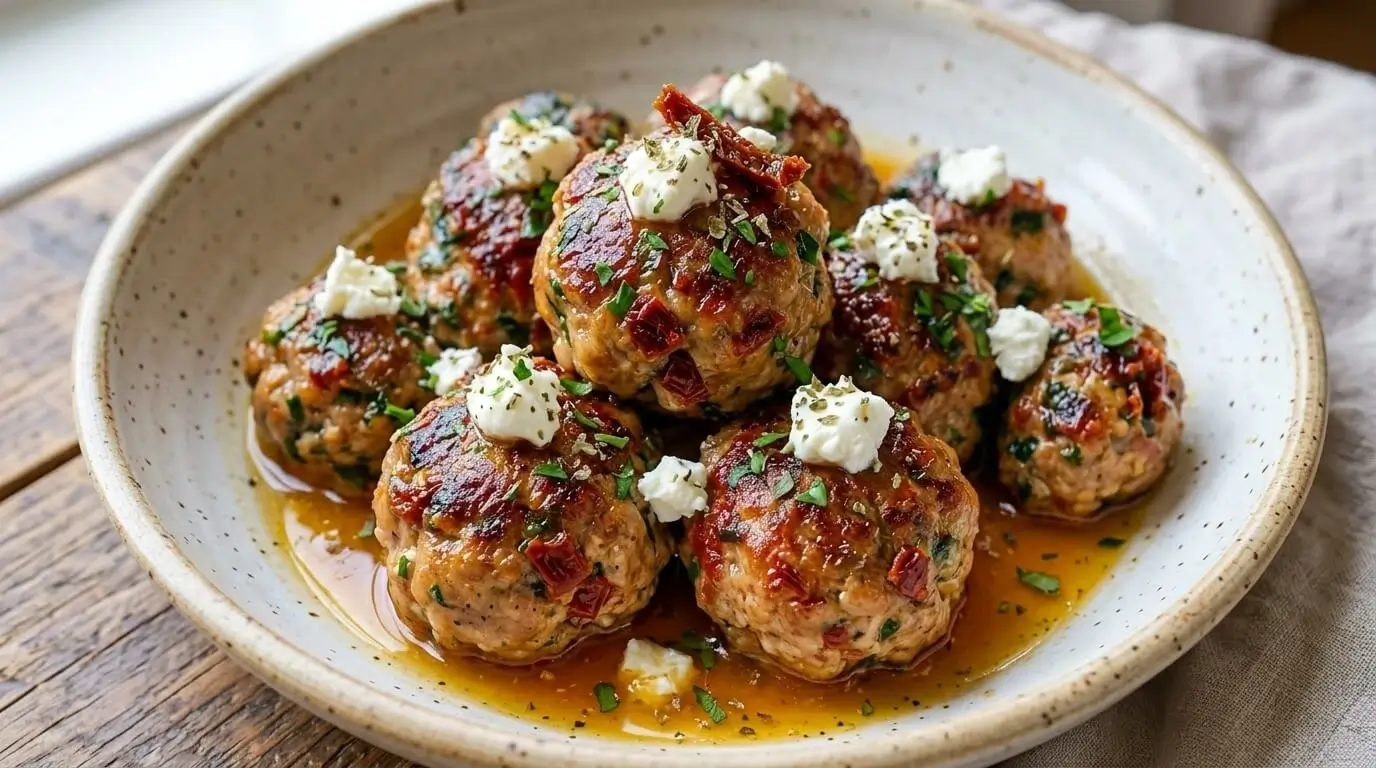 Golden-brown spinach and feta turkey meatballs drizzled with lemon pan sauce in a speckled bowl.