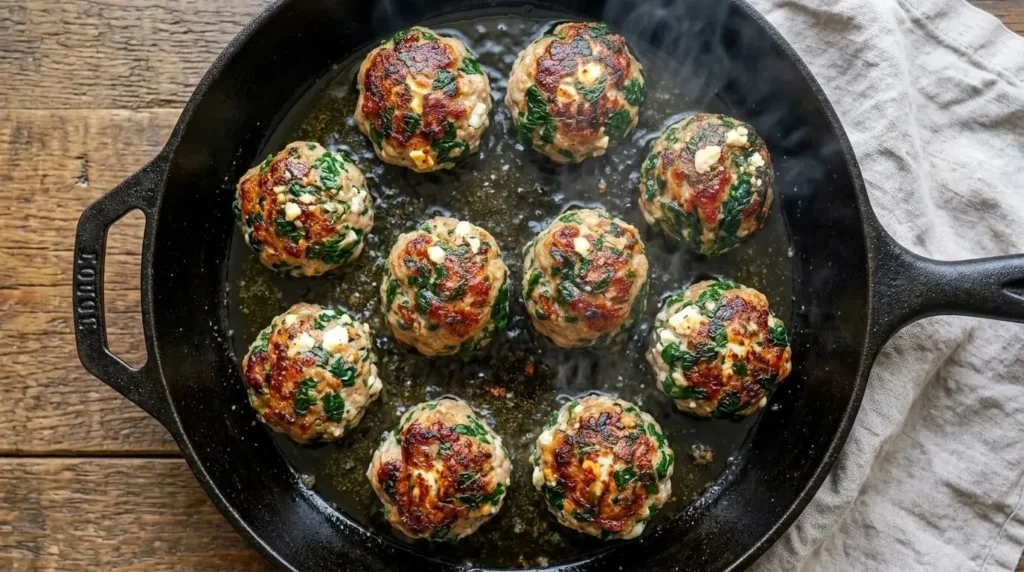Ground turkey meatballs with spinach and feta searing to a golden brown crust in a hot skillet.