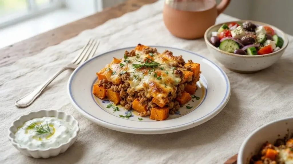 A individual serving plate of Mediterranean ground turkey sweet potato bake served alongside a fresh Greek salad.