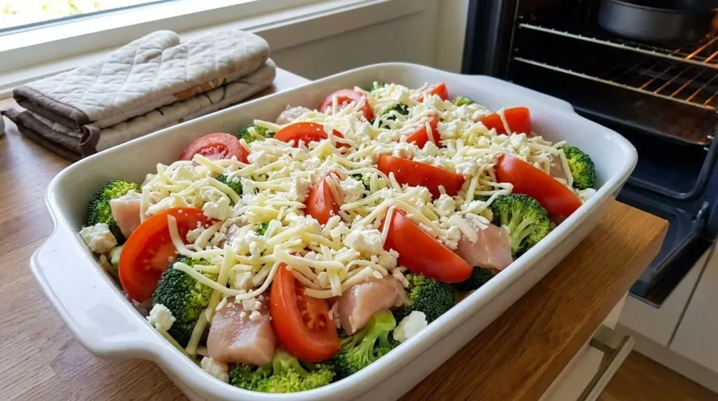 Assembled low-carb chicken and broccoli bake layered with tomato wedges and shredded cheese before baking.