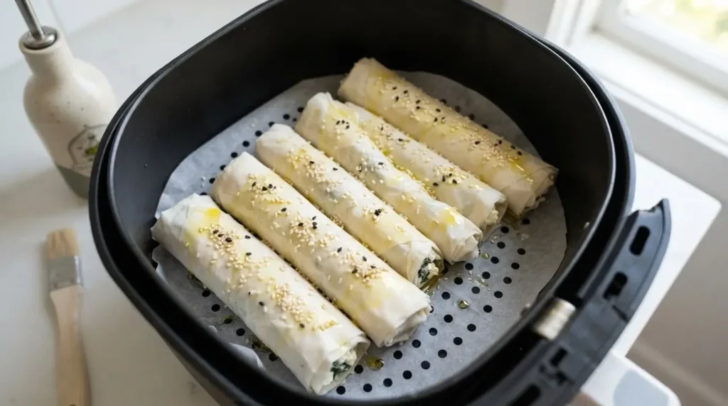 Raw spanakopita phyllo rolls arranged inside an air fryer basket ready to be cooked.