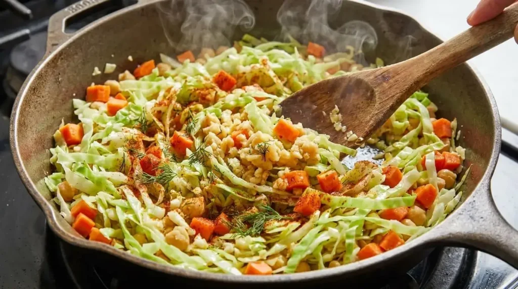 Shredded green cabbage, grated carrots, and chickpeas sautéing with spices in a skillet.
