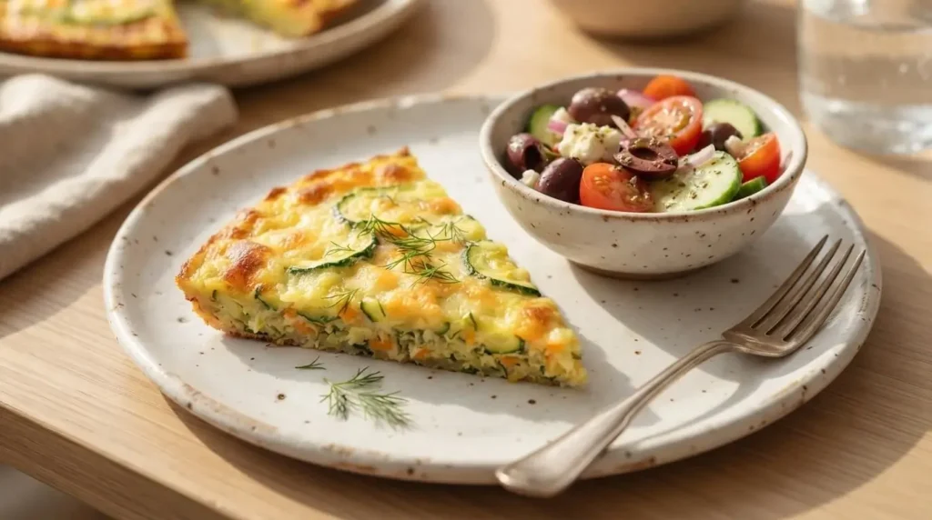 A slice of Zucchini and Carrot Crustless Veggie Pizza on a plate served with a side Greek salad.