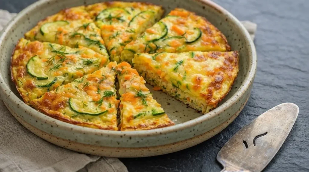 Top-down view of sliced Zucchini and Carrot Crustless Veggie Pizza in a round ceramic dish garnished with fresh dill.