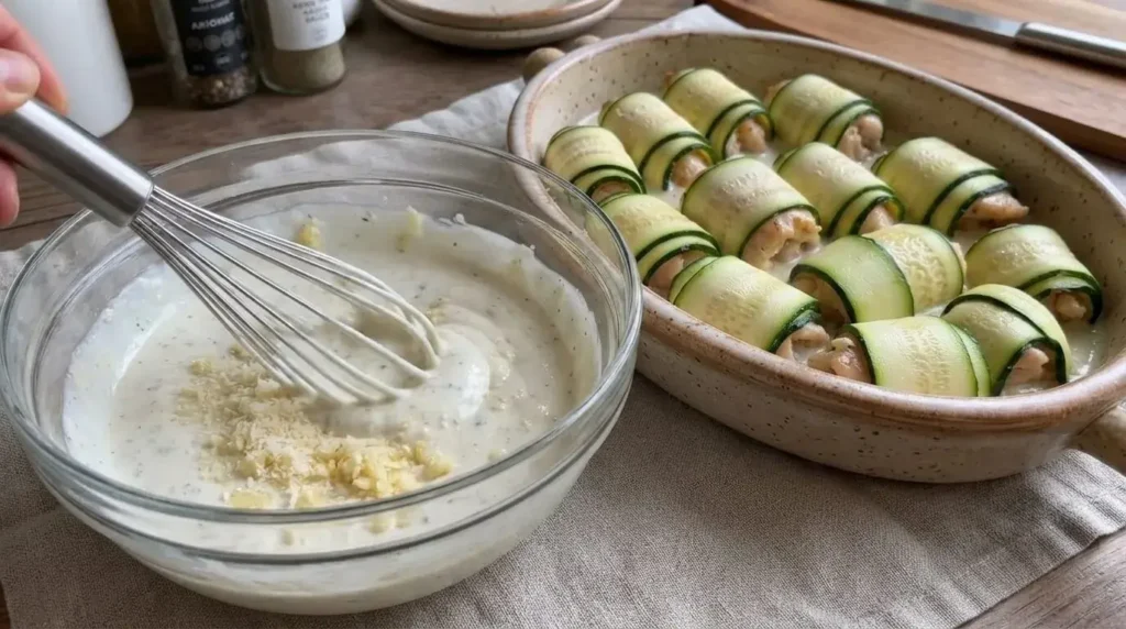 Whisking creamy garlic parmesan Greek yogurt sauce next to assembled zucchini chicken roll-ups in a baking dish.