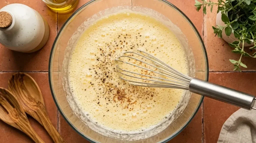 Whisking eggs with Greek yogurt and spices in a glass bowl to build air into the quiche custard.