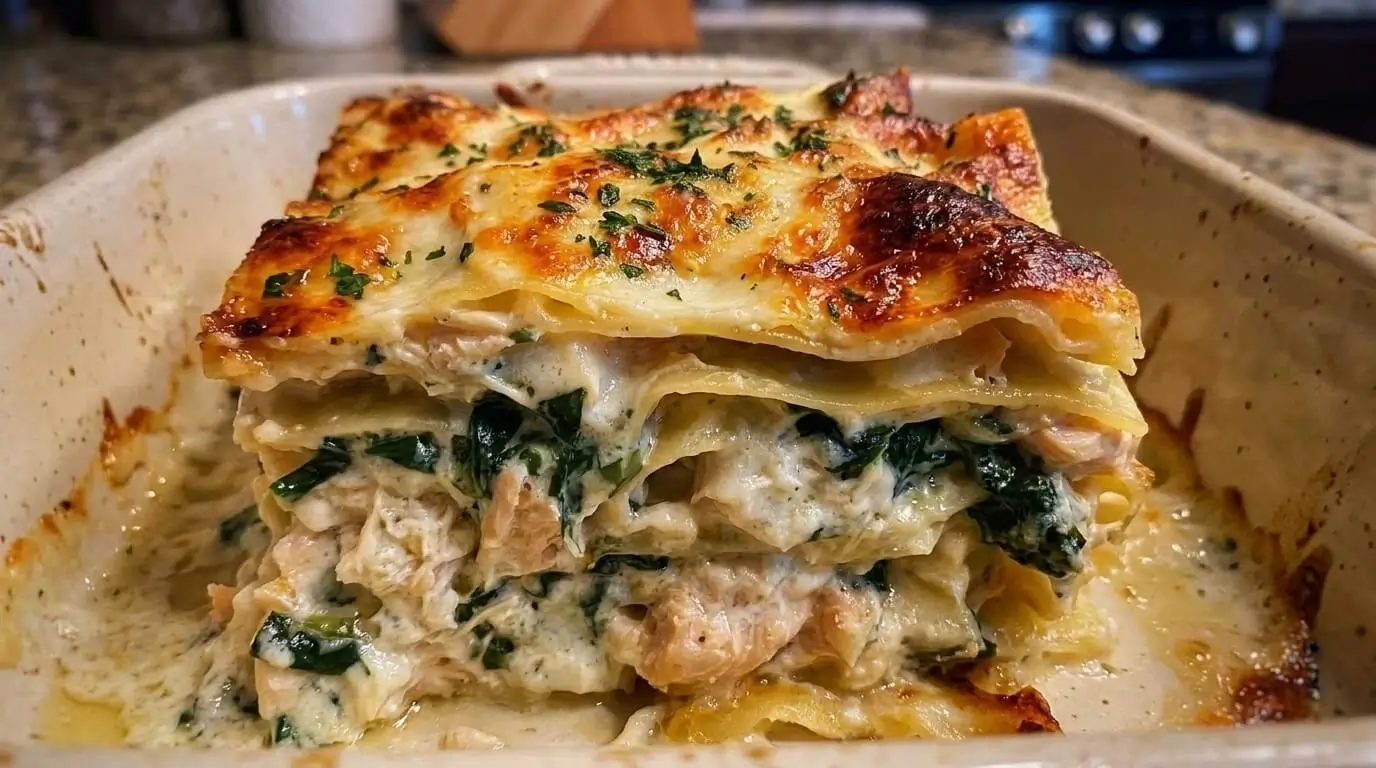 A slice of white chicken lasagna with spinach showing layers of chicken, green spinach, ricotta, and golden browned baked cheese.