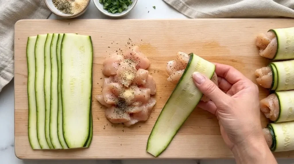 Step-by-step prep showing seasoned chicken pieces wrapped in sliced zucchini ribbons on a wooden cutting board.