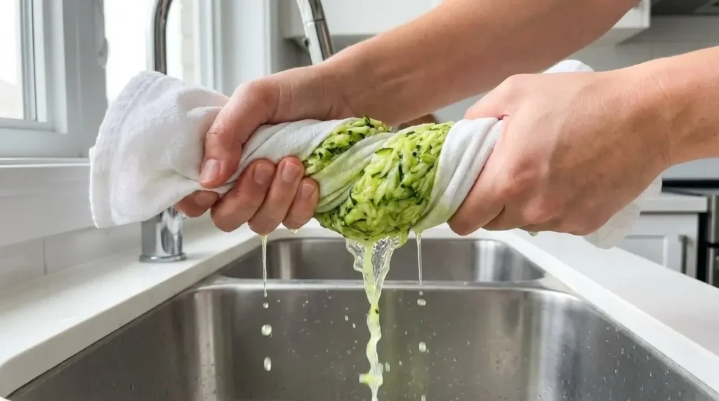 Squeezing excess liquid out of grated zucchini using a kitchen towel over a sink.