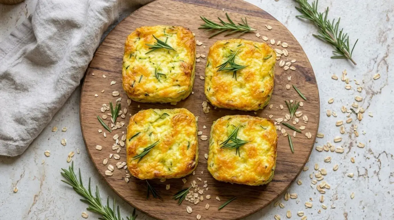 Golden-brown square Zucchini and Oatmeal Bake Recipe bites garnished with fresh rosemary on a wooden board.