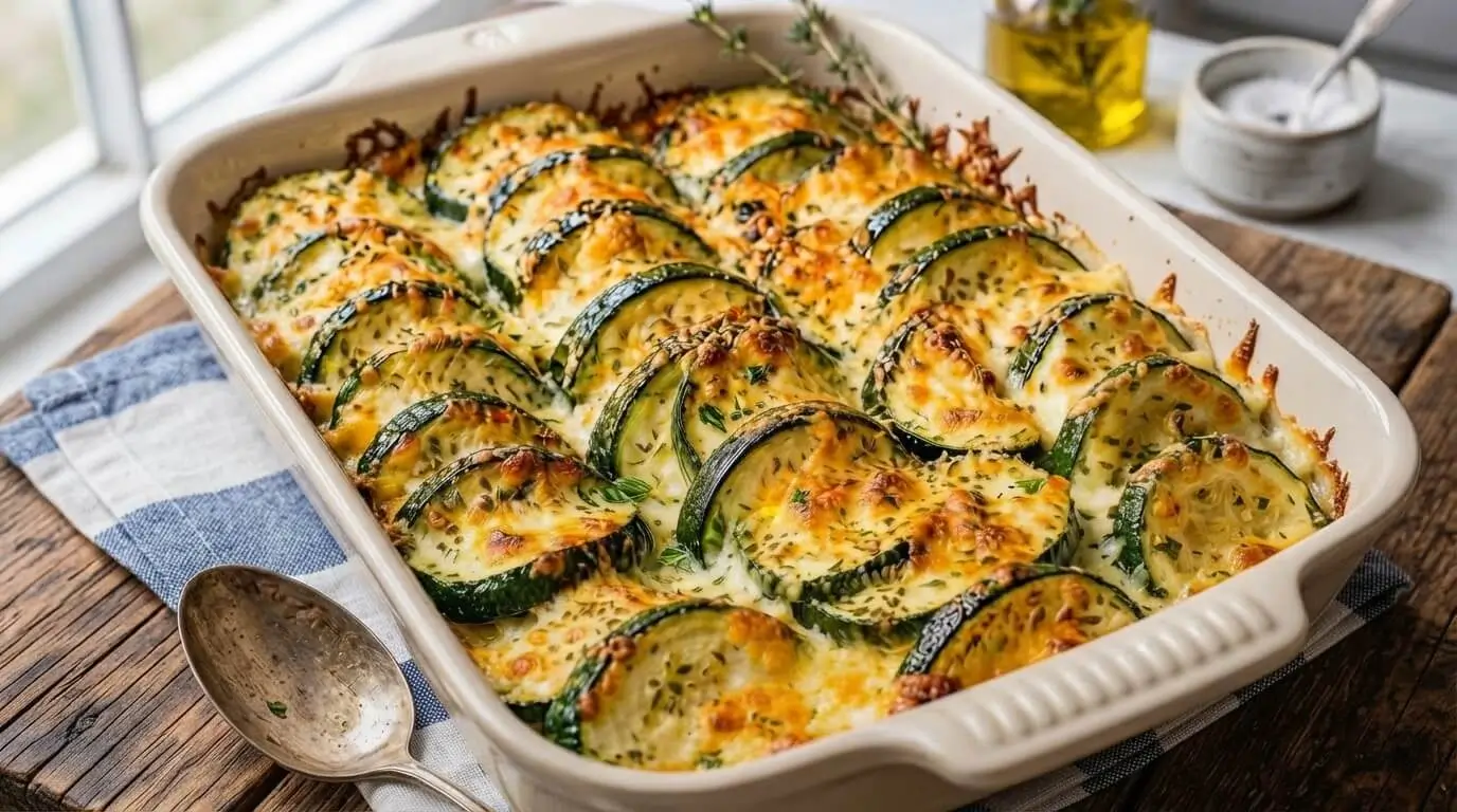 Baked Zucchini and Mozzarella Gratin with golden bubbly cheese and fresh herbs in a white baking dish.