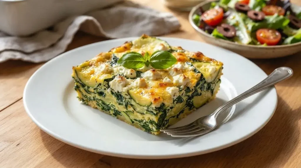 Plated slice of crustless zucchini spinach pie showing layers of green zucchini, cooked spinach, and melted feta cheese.