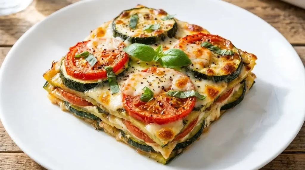A square slice of layered zucchini tomato and mozzarella bake on a white plate showing melted browned cheese and roasted vegetables.