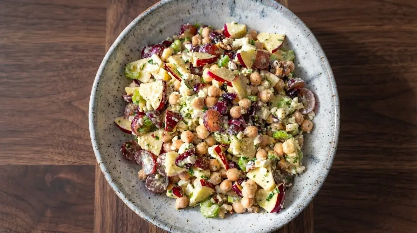 Apple Cranberries and Roasted Chickpea Salad with creamy feta dressing in a speckled ceramic bowl on a wooden table.