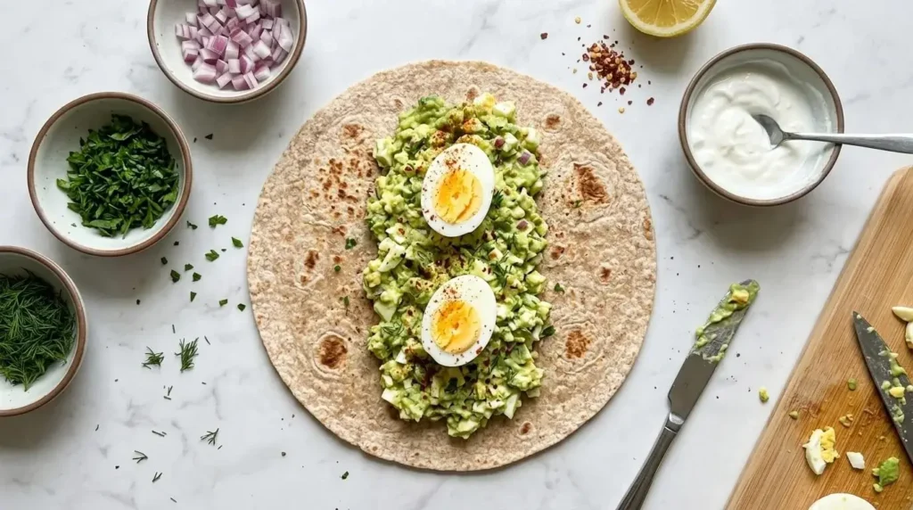 Overhead view of assembling an avocado egg salad roll-up showing the tortilla with creamy avocado mixture and hard-boiled egg halves.