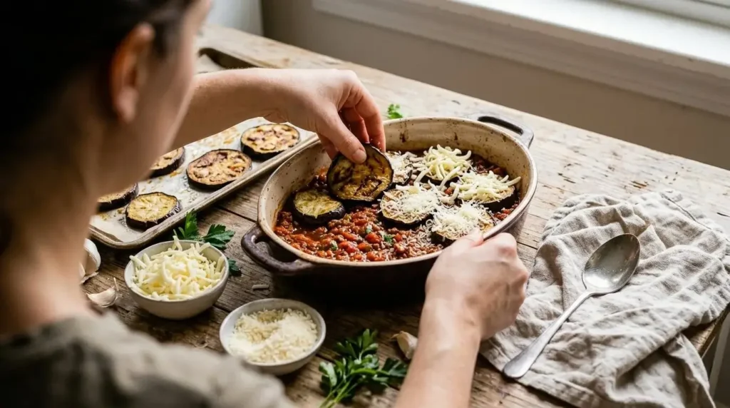 Layering roasted eggplant slices, savory ground beef tomato sauce, and shredded cheese in a baking dish