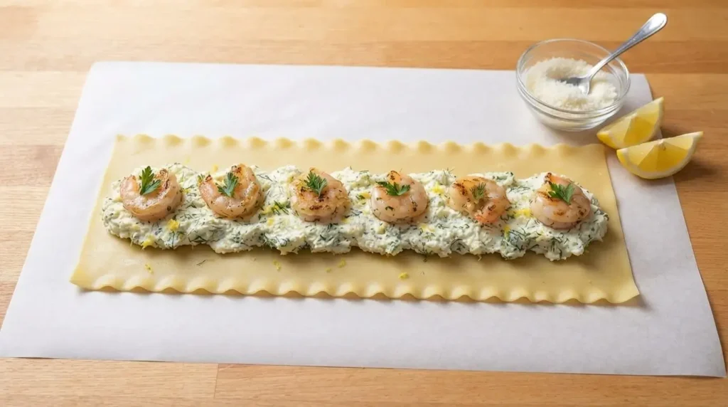 Spreading ricotta cheese and seared garlic shrimp filling along a boiled lasagna sheet on parchment paper.