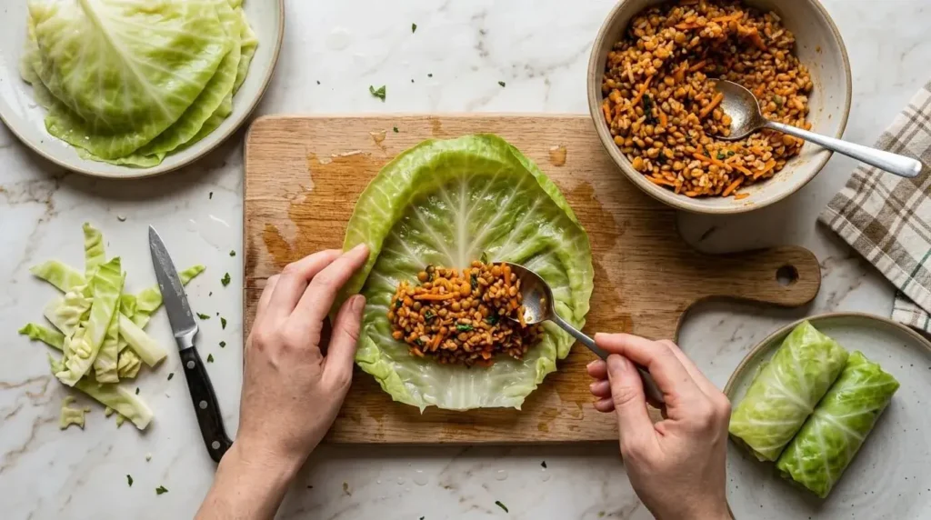 Hands rolling a blanched cabbage leaf filled with lentils, rice, and Mediterranean spices.