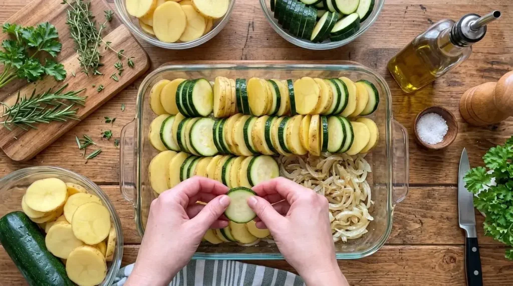Arranging sliced potatoes and zucchini in vertical shingled rows in a glass dish.