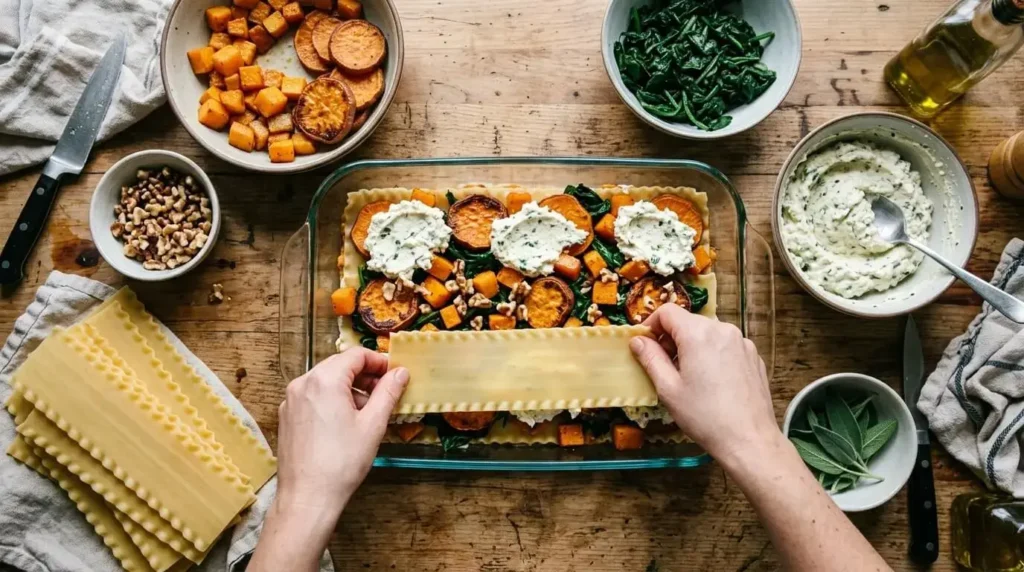 Layering lasagna noodles with ricotta cheese, spinach, roasted butternut squash, and sweet potatoes in a baking dish.