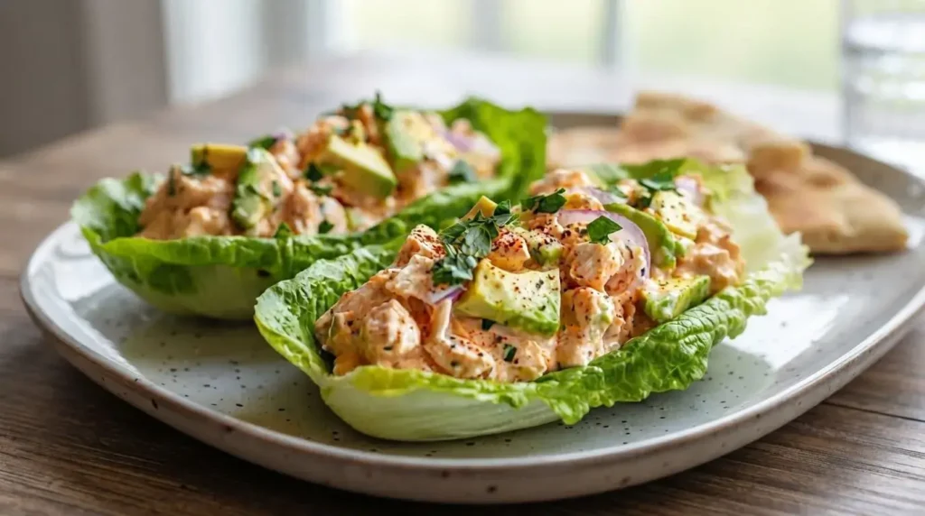 Creamy Avocado Chicken Lettuce Wraps garnished with fresh herbs and paprika in crisp lettuce cups.