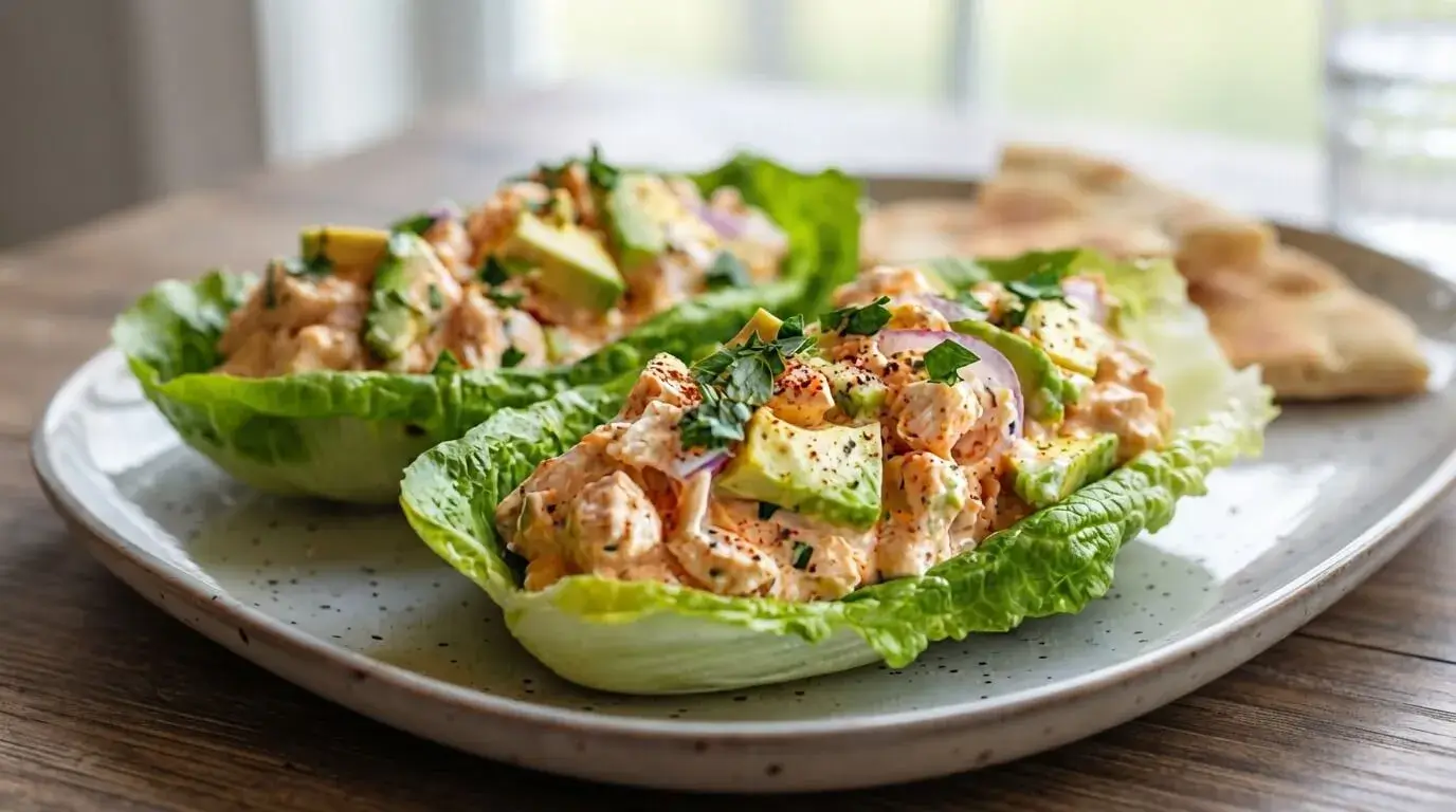 Creamy Avocado Chicken Lettuce Wraps garnished with fresh herbs and paprika in crisp lettuce cups.