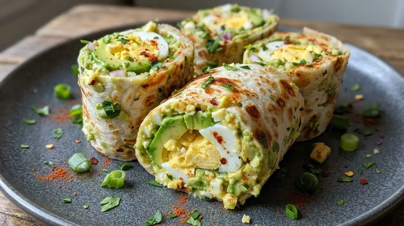 Pan-seared Mediterranean avocado egg salad roll-ups cut in half on a grey ceramic plate showing crispy golden tortilla exterior and creamy egg filling.