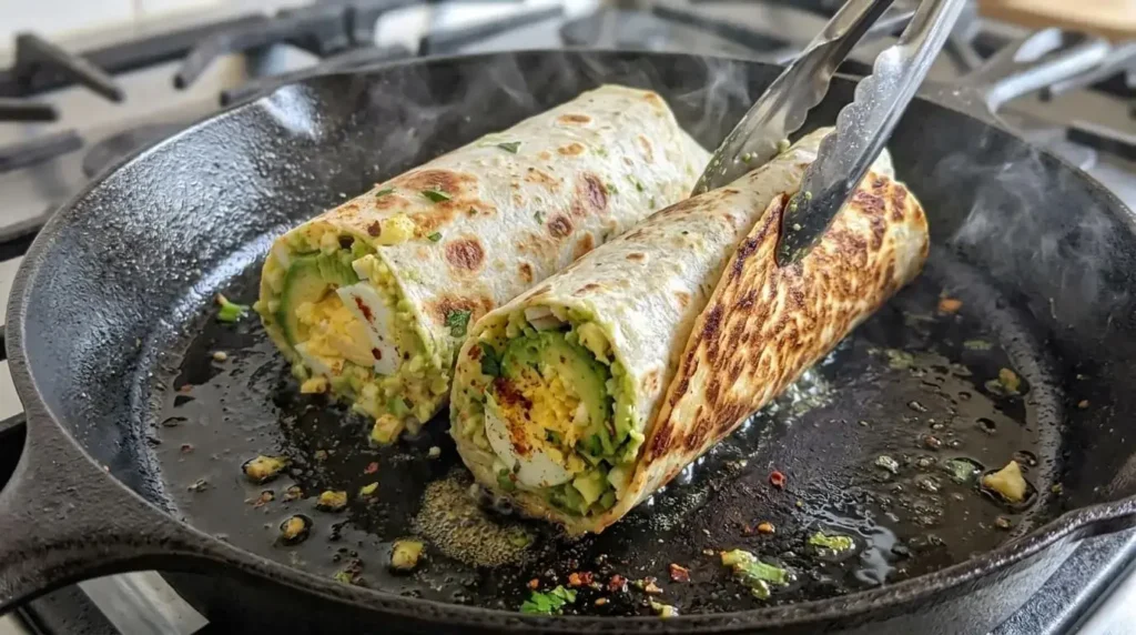Avocado egg salad roll-ups pan-searing in a cast-iron skillet with extra virgin olive oil until golden brown.