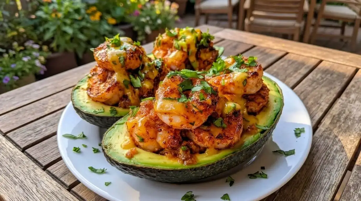 Shrimp Avocado Delight featuring spice-rubbed seared shrimp stuffed in avocado halves with golden citrus dressing.