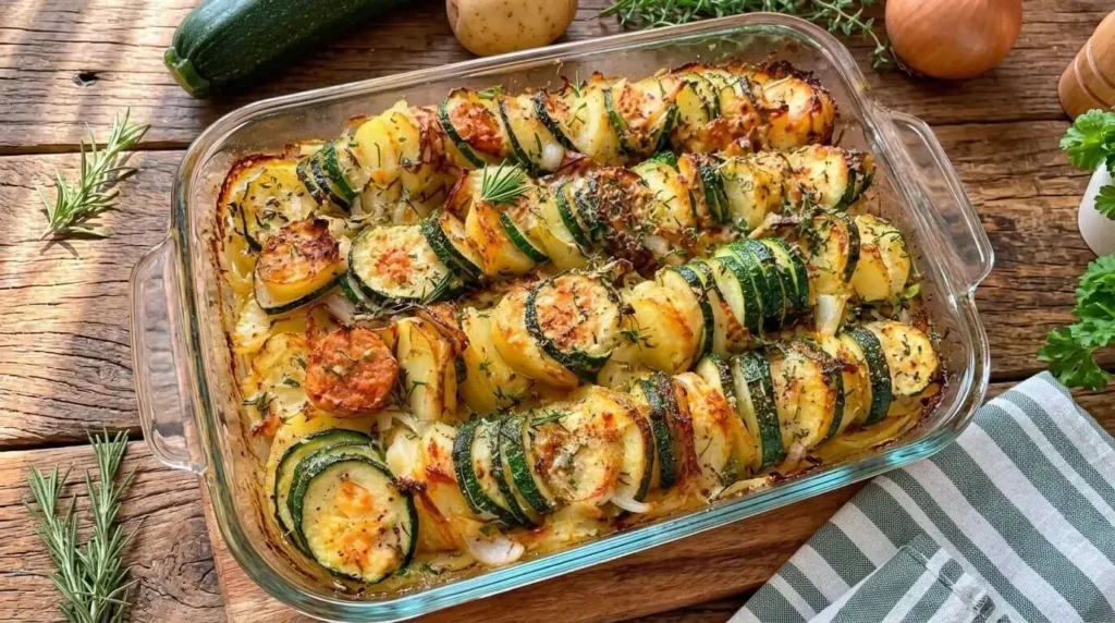 Baked Potato And Zucchini Gratin in a glass baking dish with golden cheese crust and fresh thyme.