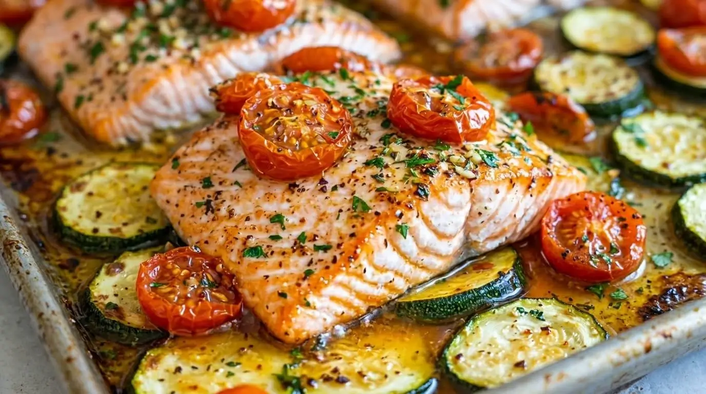 Garlic herb baked salmon fillet topped with blistered cherry tomatoes and herbs on a sheet pan with roasted zucchini slices.