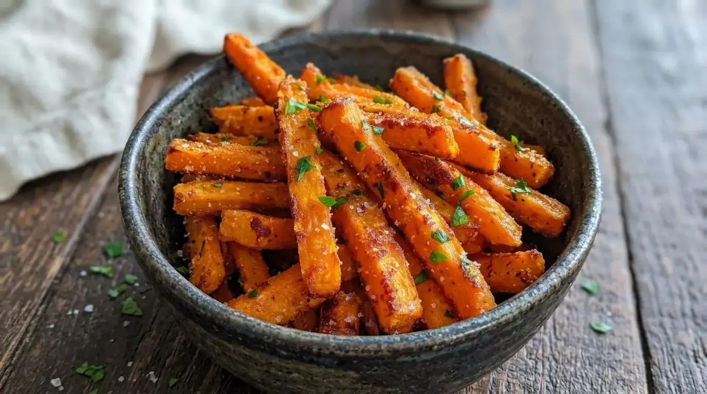 Golden crispy garlic parmesan baked carrot fries garnished with fresh parsley and sea salt in a rustic bowl.