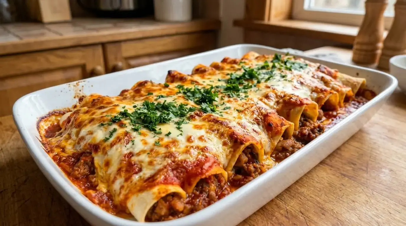 Bubbly cheesy beef enchiladas bake in a white baking dish topped with melted golden cheese and fresh chopped cilantro.